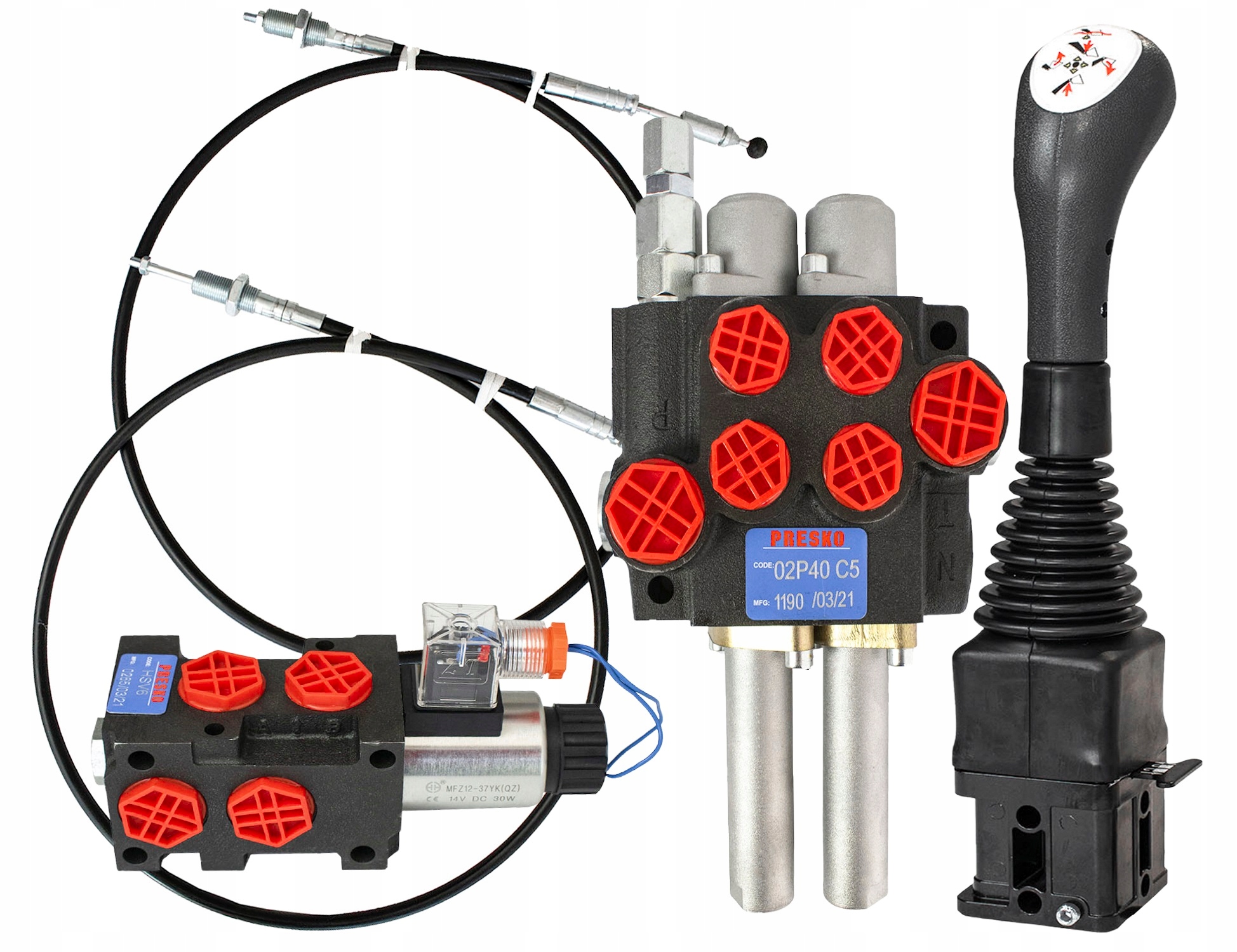 Hydraulický rozvádzač 2-sekčný 40 l/min PRESKO | Joystick + 12 V elektroventil