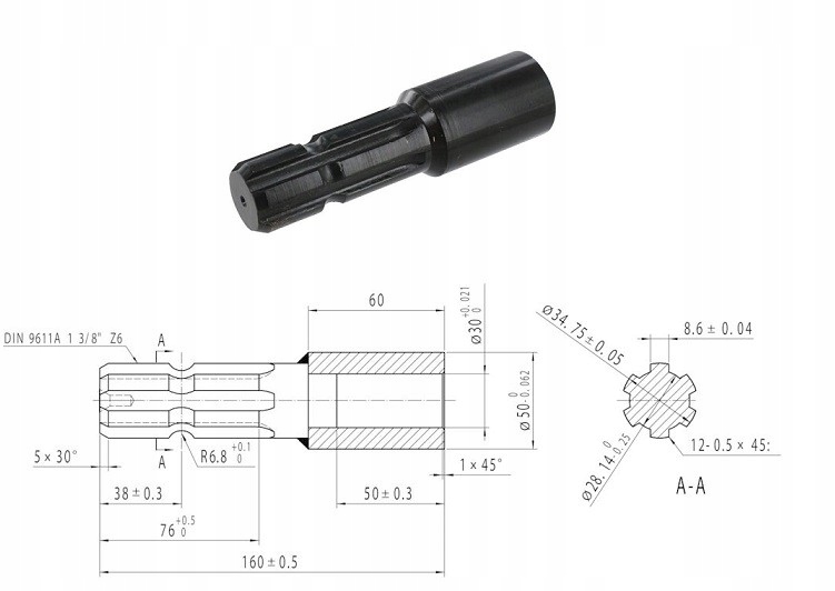 Zníženie vývodového hriadeľa 1,3 / 8 Z6 L-165MM FI30MM