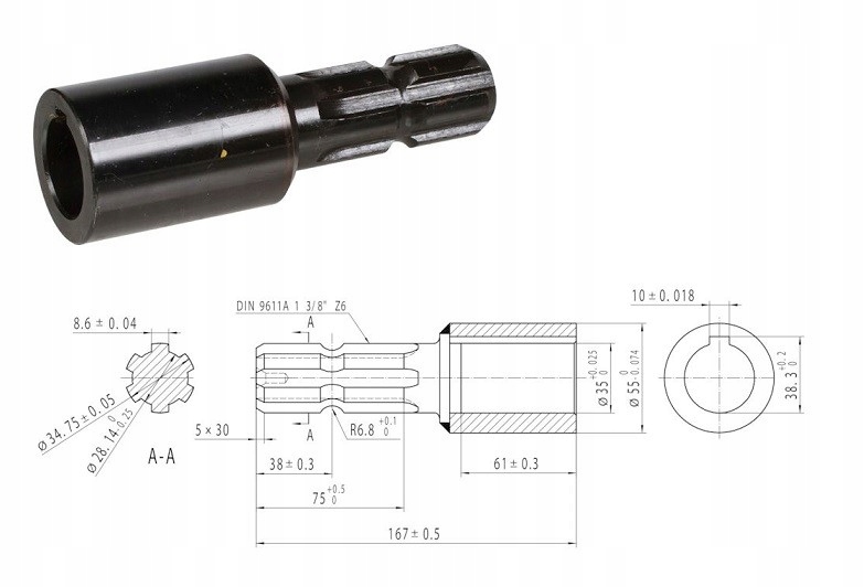 ZNÍŽENIE VÝVODOVÉHO Hriadeľa na KLIN 1.3 / 8 Z6 L-167MM FI 35M