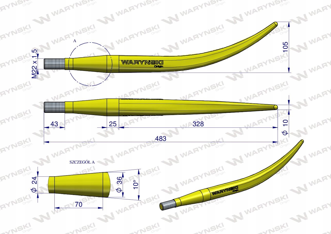 Hrot nakladača je zakrivený a uzavretý L- 480 mm VARYŃSKI